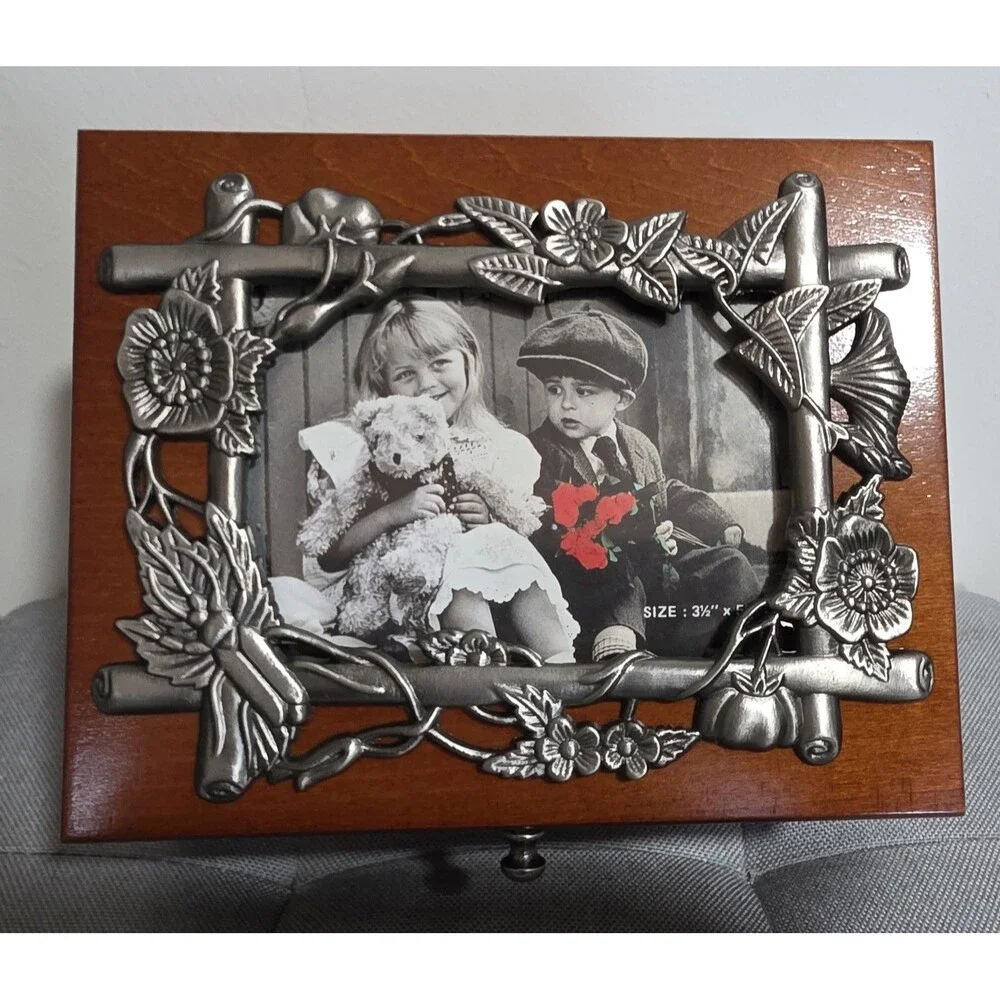 New Vintage Jewelry Box Velvet Lined Tray Ornate Pewter Photo Frame & Mirror NiB